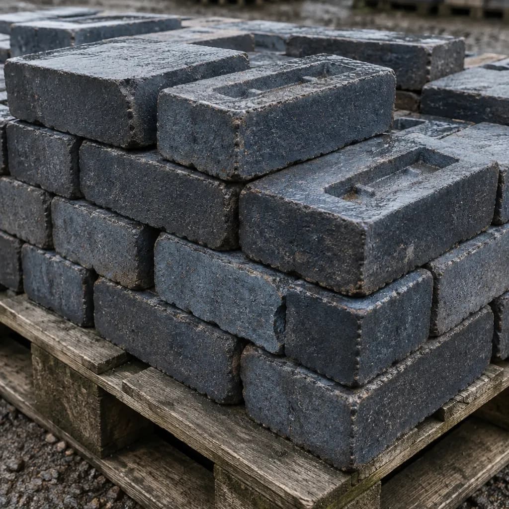 A stack of reclaimed Staffordshire blue engineering bricks