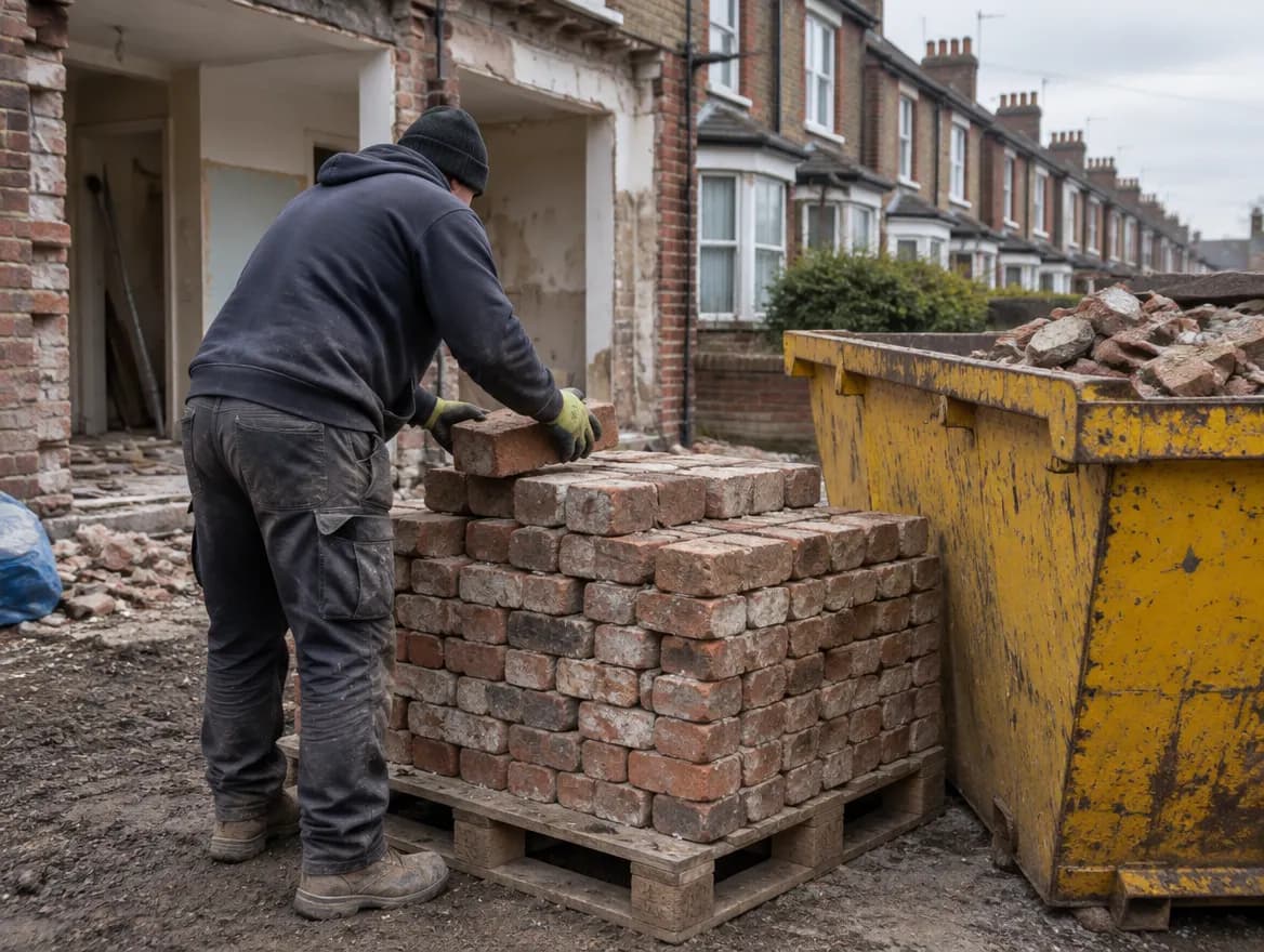 A builder stacking salvaged bricks onto a pallet next to a skip