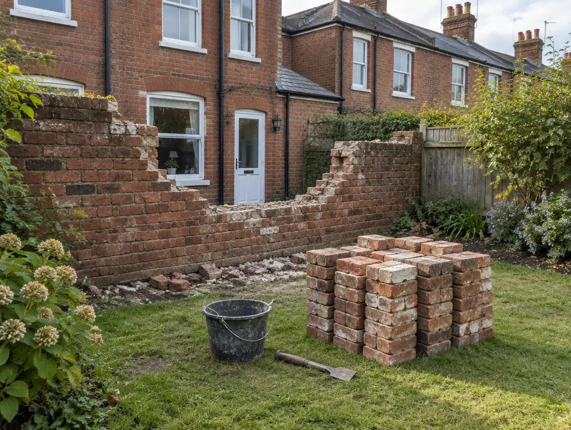 A garden wall partly taken down with its bricks stacked on the lawn